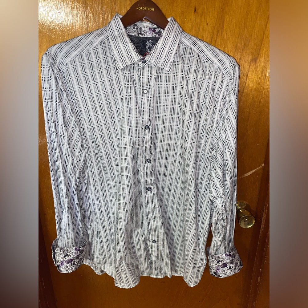 Robert Graham Men’s Casual Button Down Shirt 3XL Black/White w/ Floral Cuff